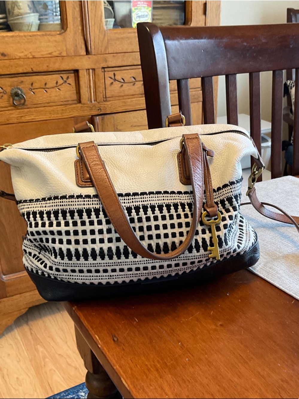 Fossil Black and White Woven Satchel with Brown Leather Trim